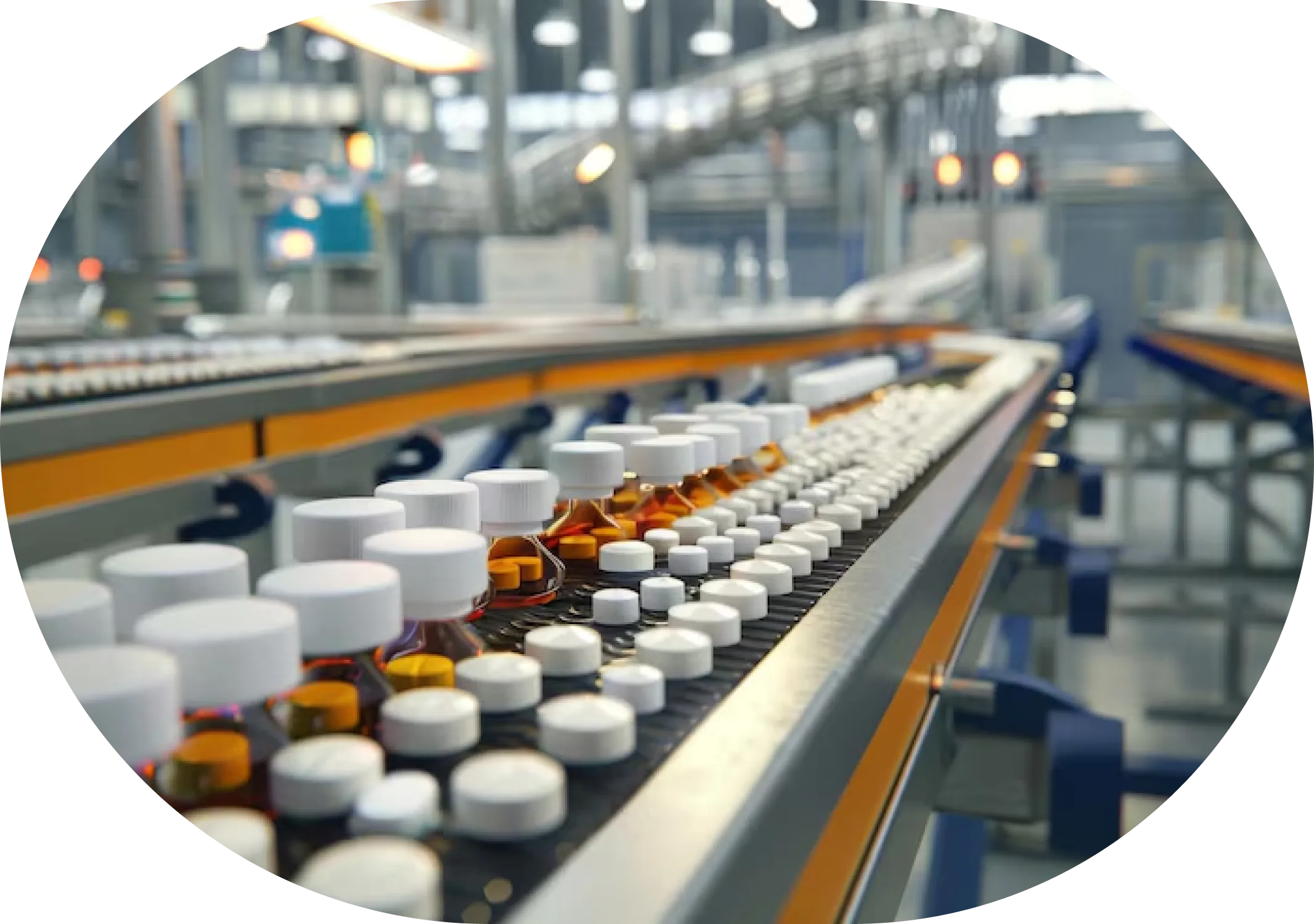 The image shows a supplement manufacturing line